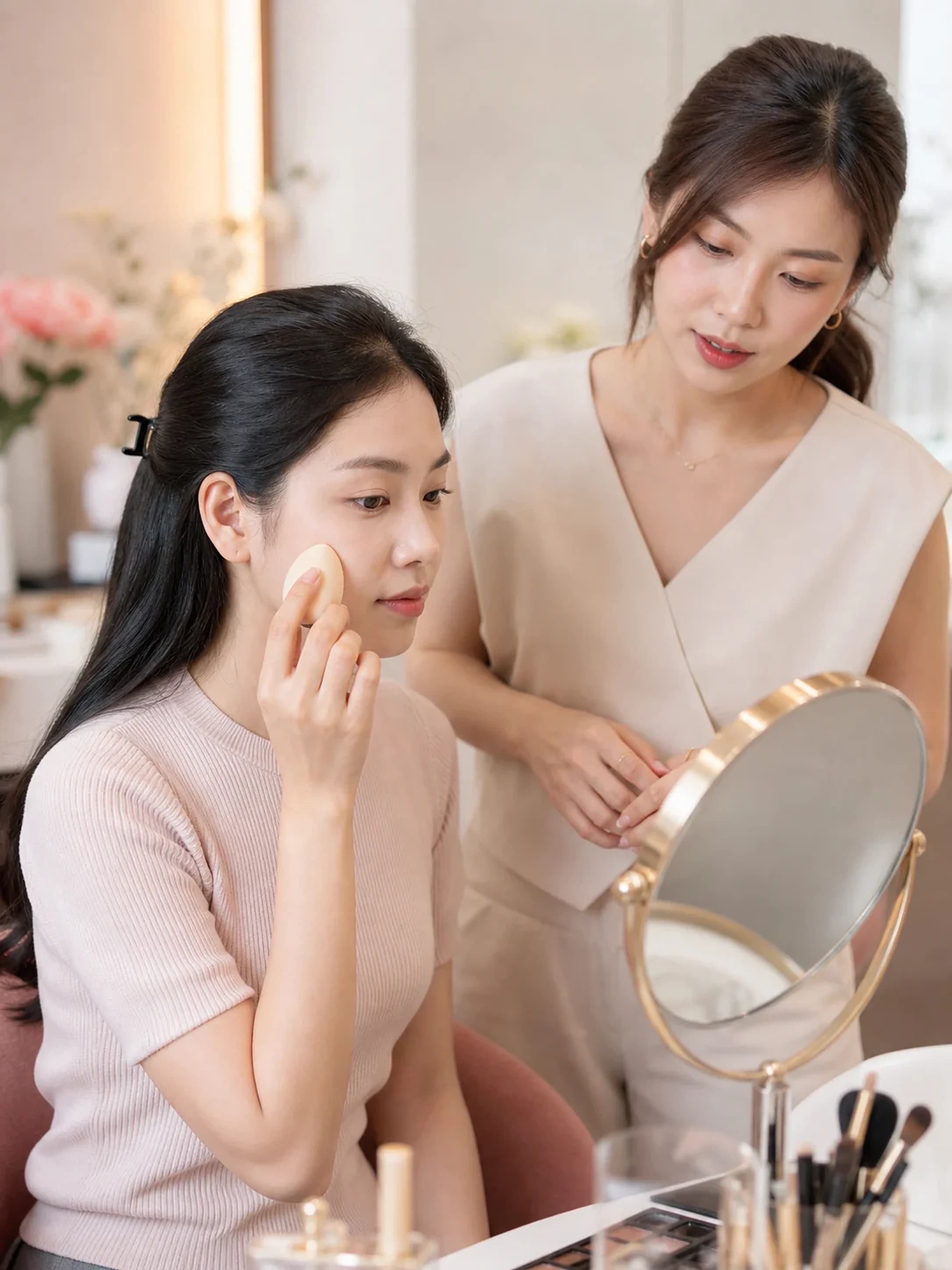 Học viên thực hành đánh nền trên chính gương mặt trong buổi học makeup 1 kèm 1