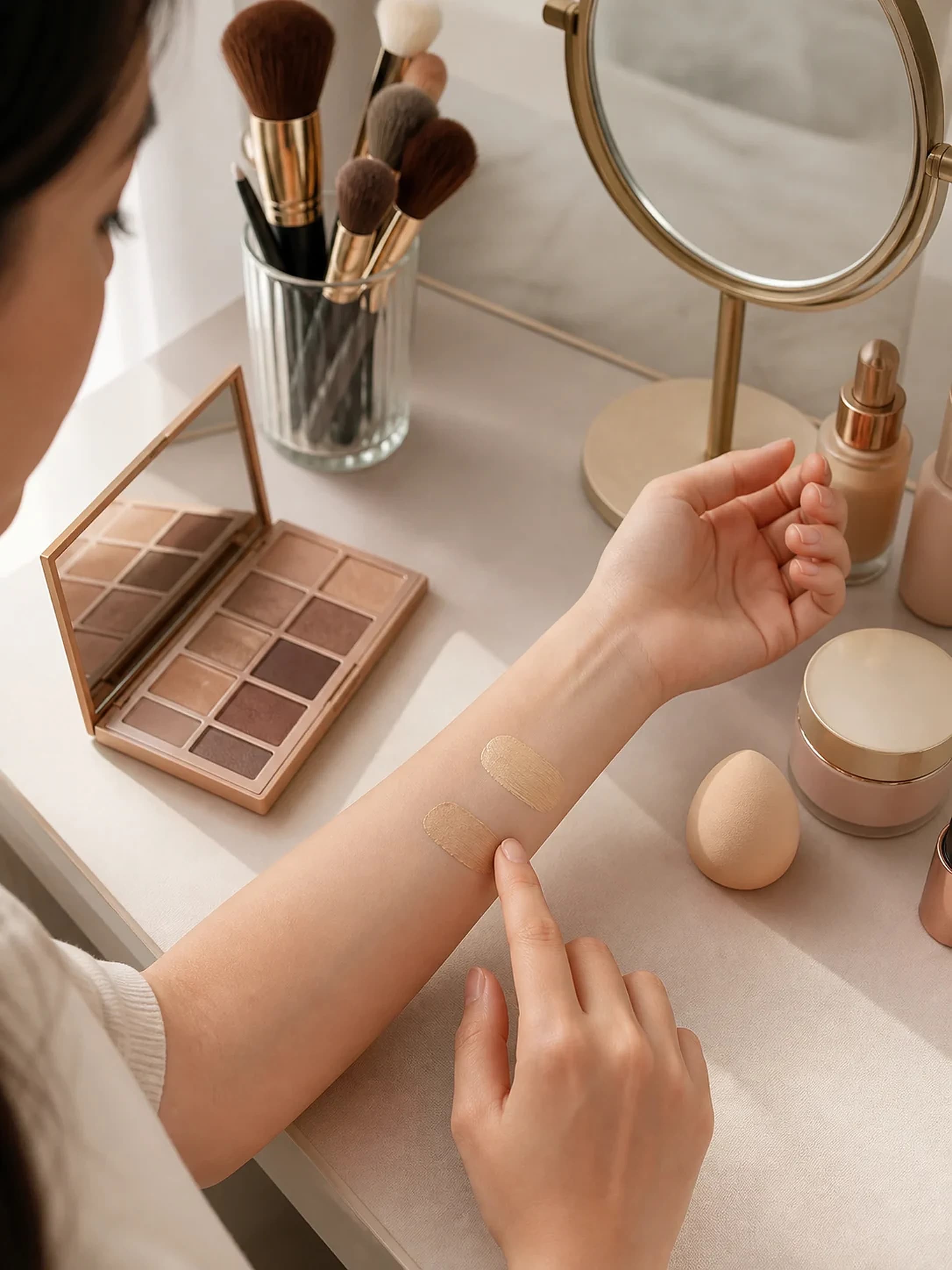 Học viên thử sản phẩm makeup trên chính làn da trước khi lựa chọn