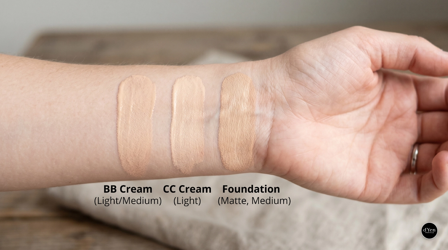 Swatch BB cream, CC cream và foundation trên da tay — so sánh độ che phủ từ nhẹ đến cao