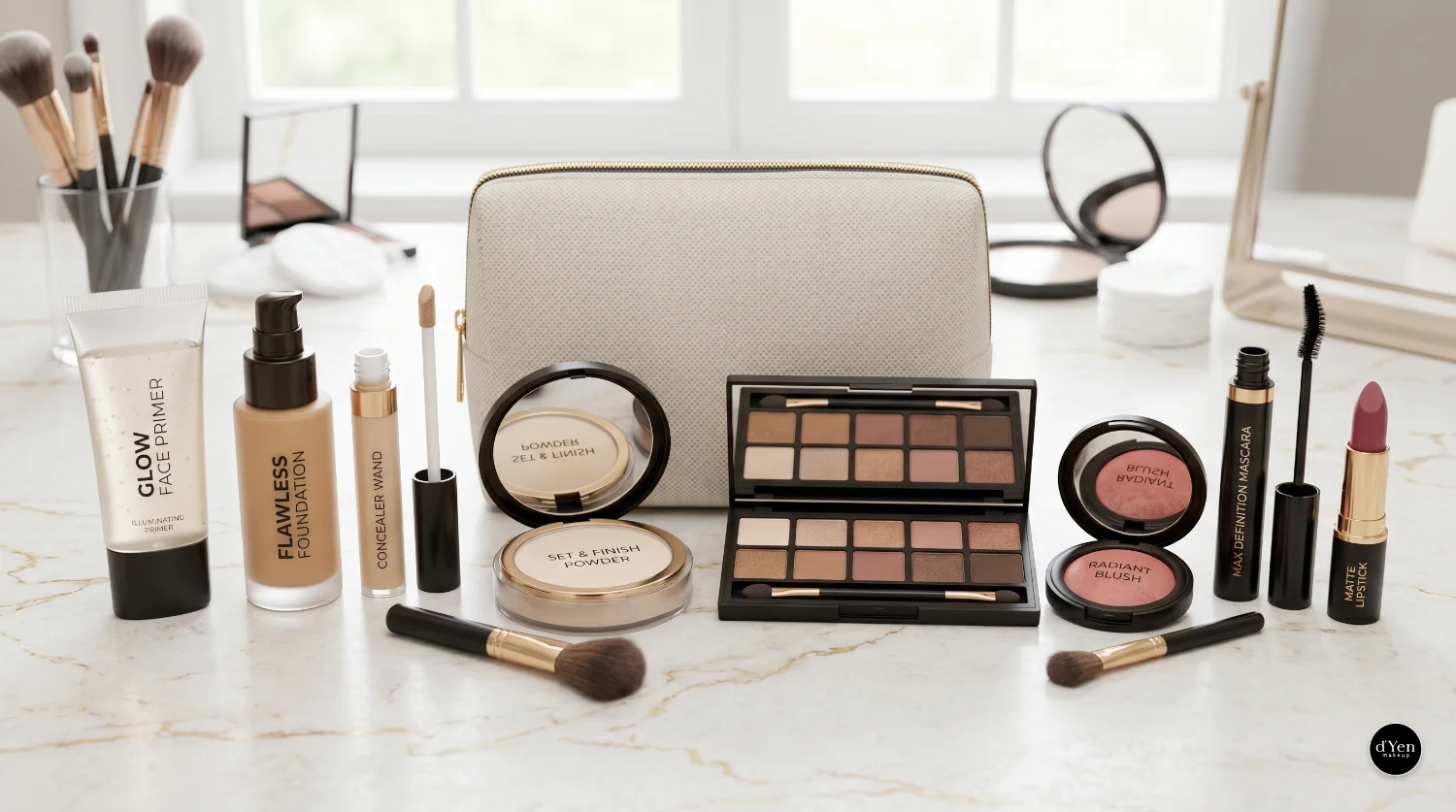 Bộ sản phẩm makeup cơ bản gồm kem nền, cọ trang điểm, bông mút và son môi cho người mới bắt đầu