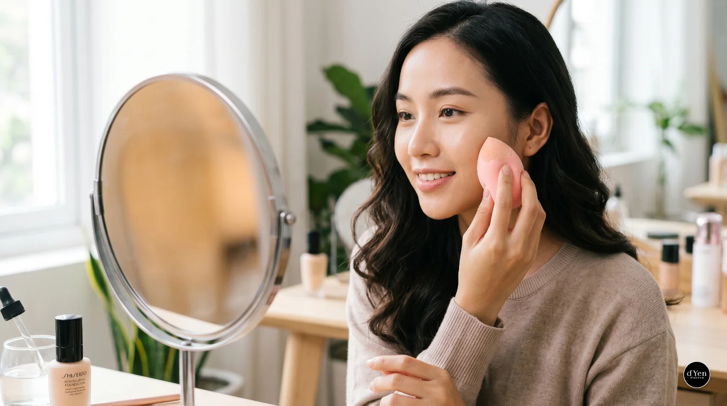 Dùng bông mút dặm kem nền mỏng để lớp nền tự nhiên và không bị cakey