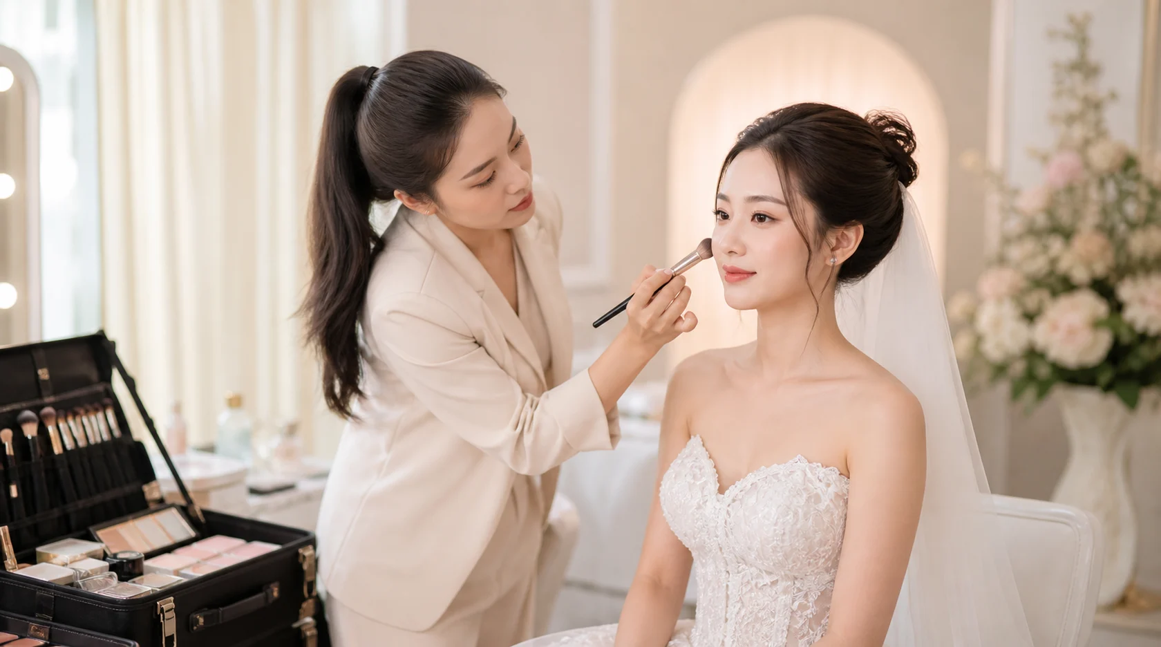 Cô dâu được makeup trong studio với bộ đồ nghề bên cạnh