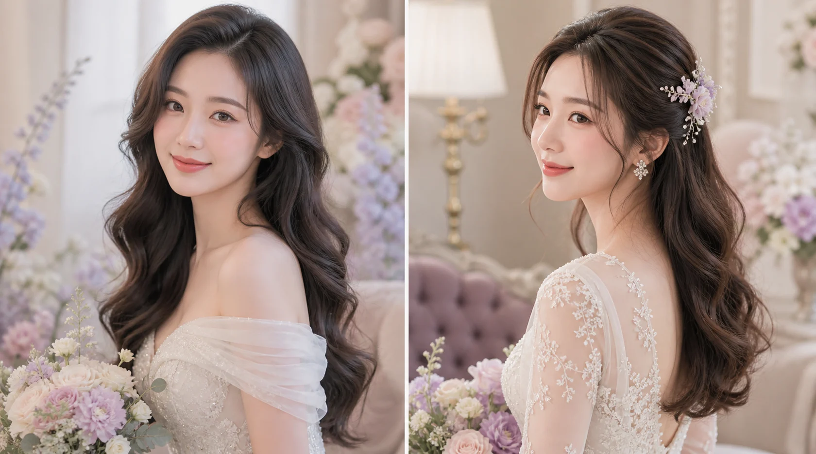 Kiểu tóc cô dâu xõa uốn sóng và nửa buộc nửa xõa