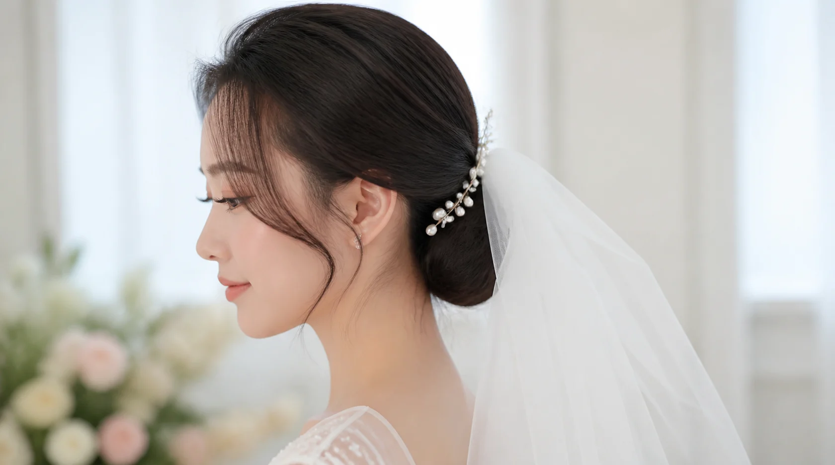 Kiểu tóc cô dâu búi thấp cài mạng che và buông tơ tóc ôm mặt