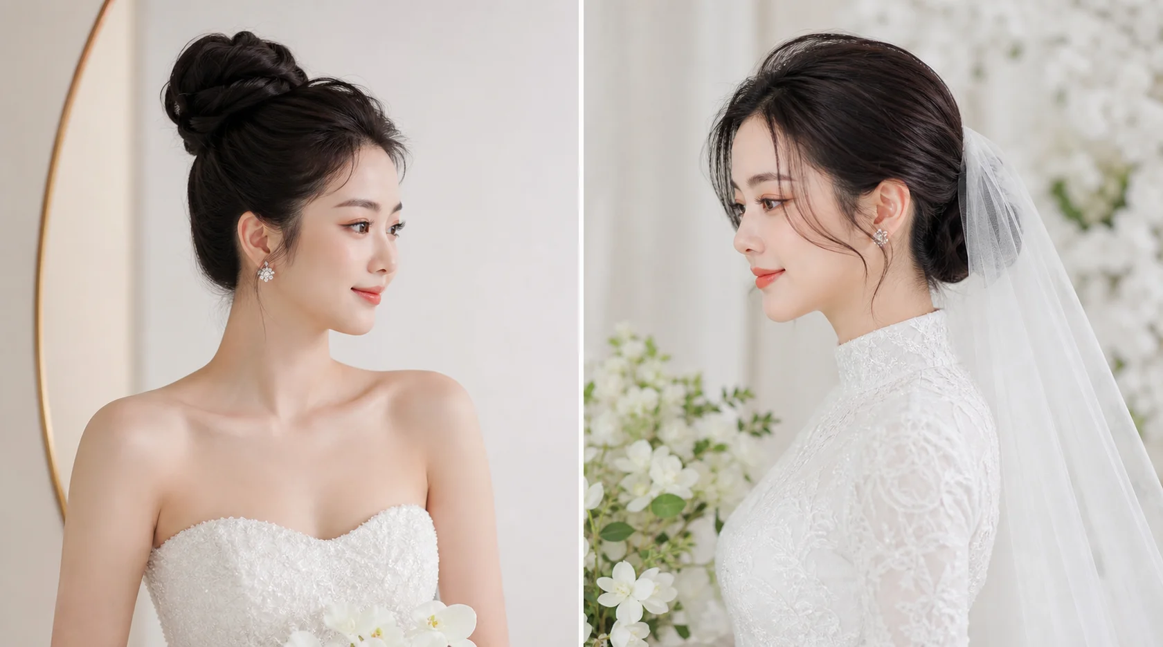 So sánh tóc búi cao và tóc búi thấp cho cô dâu