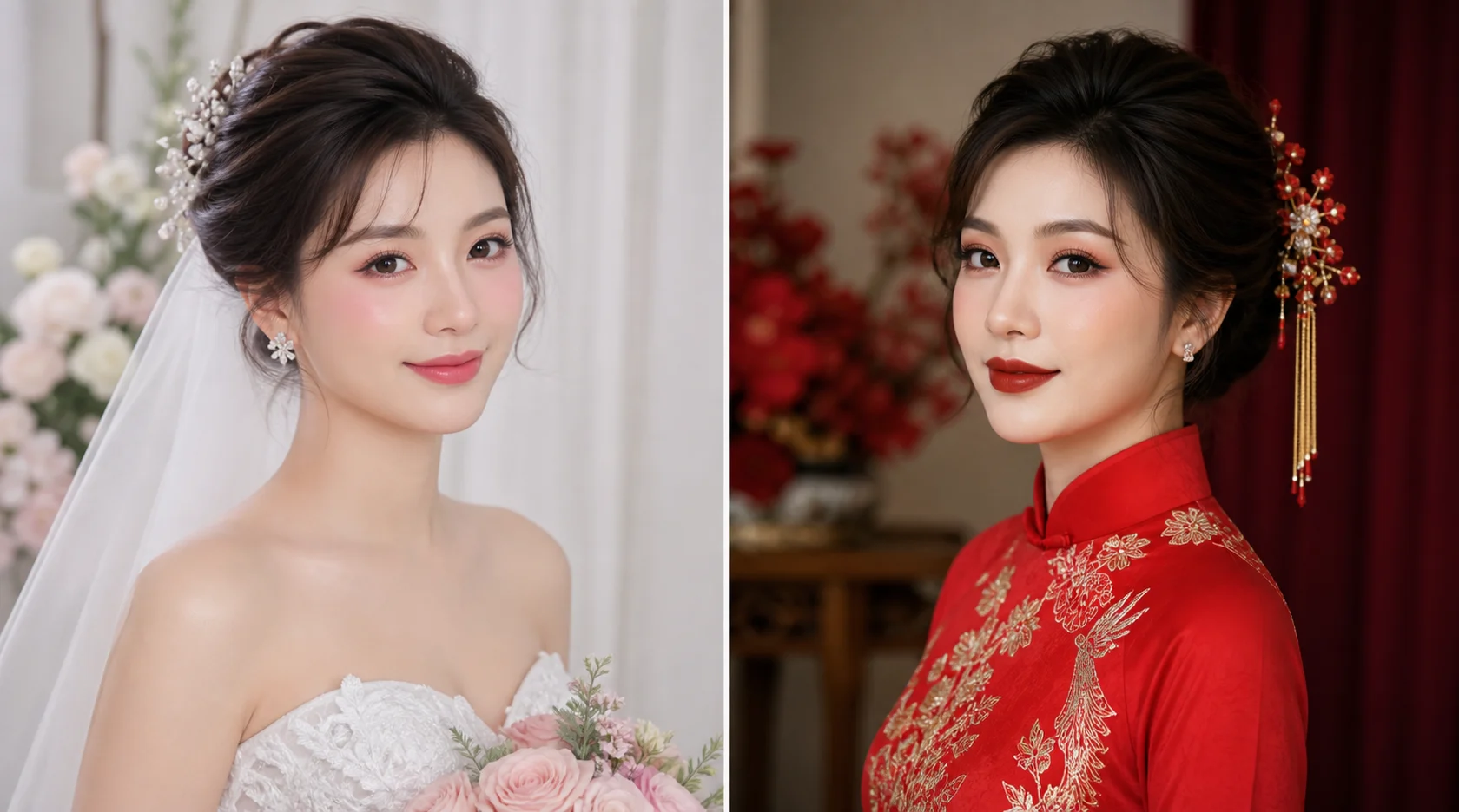 So sánh makeup cô dâu tone hồng với váy trắng và tone đỏ với áo dài