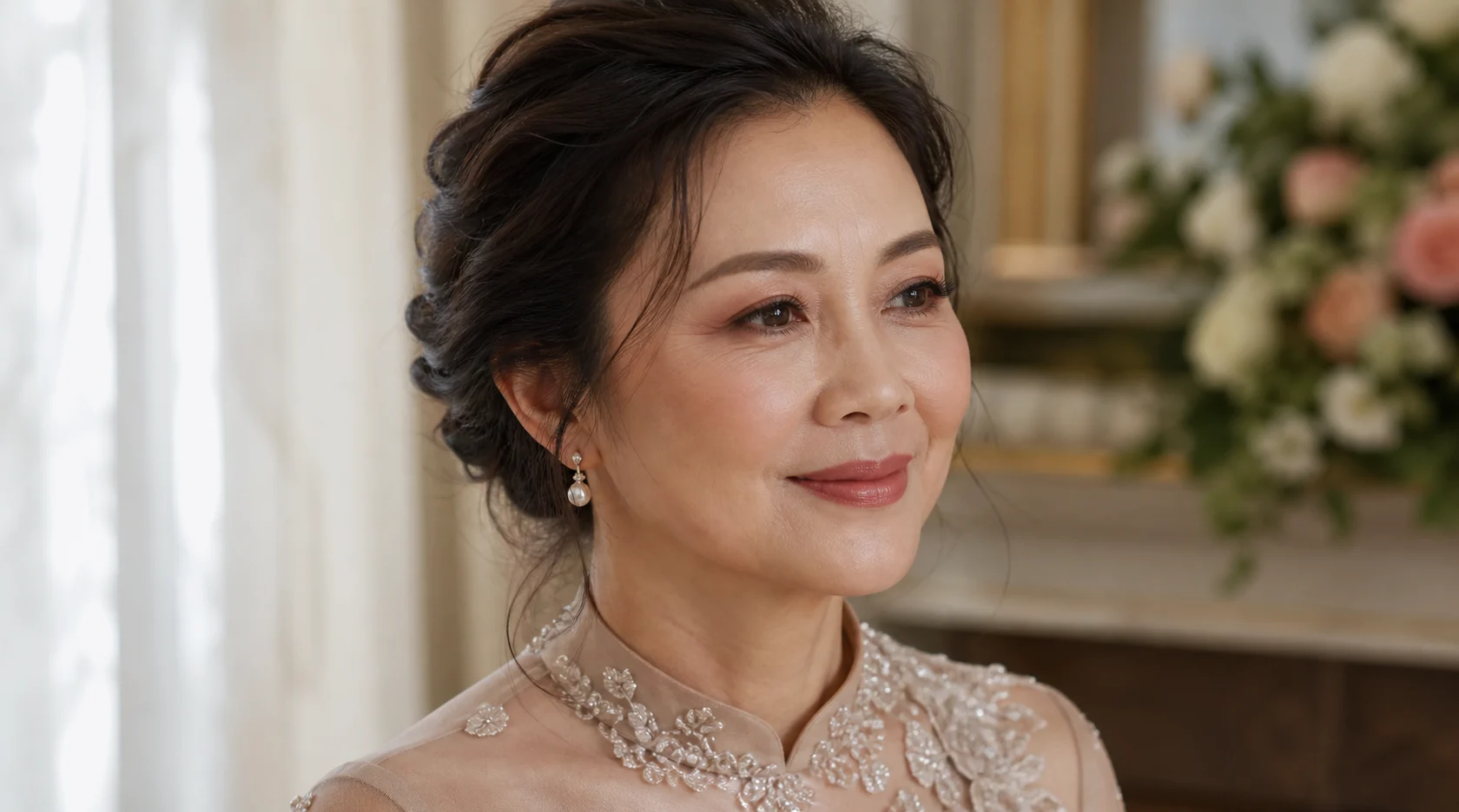 Lớp nền mỏng ẩm mượt trên làn da mẹ cô dâu tuổi trung niên