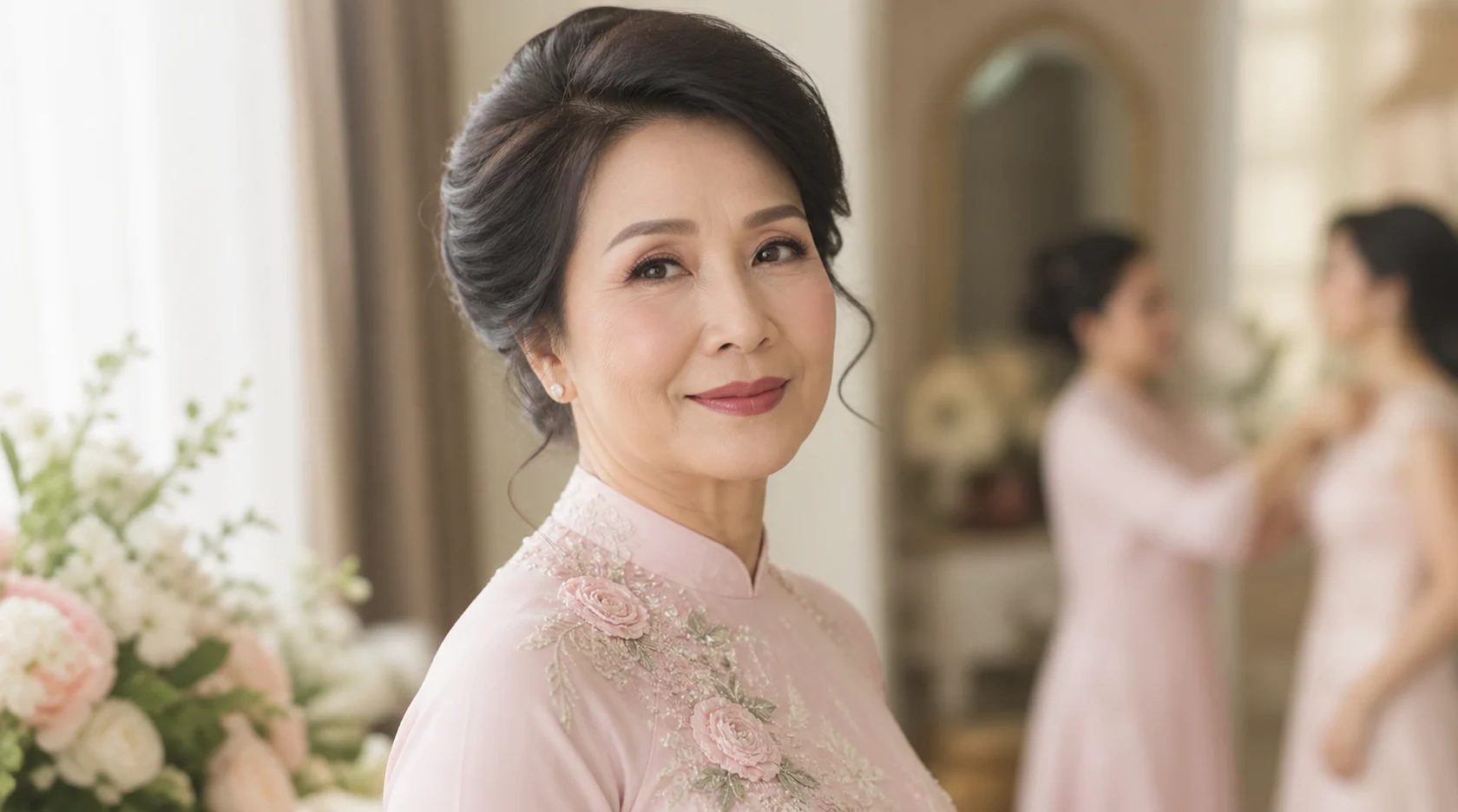 Mẹ cô dâu tuổi trung niên mặc áo dài và được trang điểm tone trầm ấm