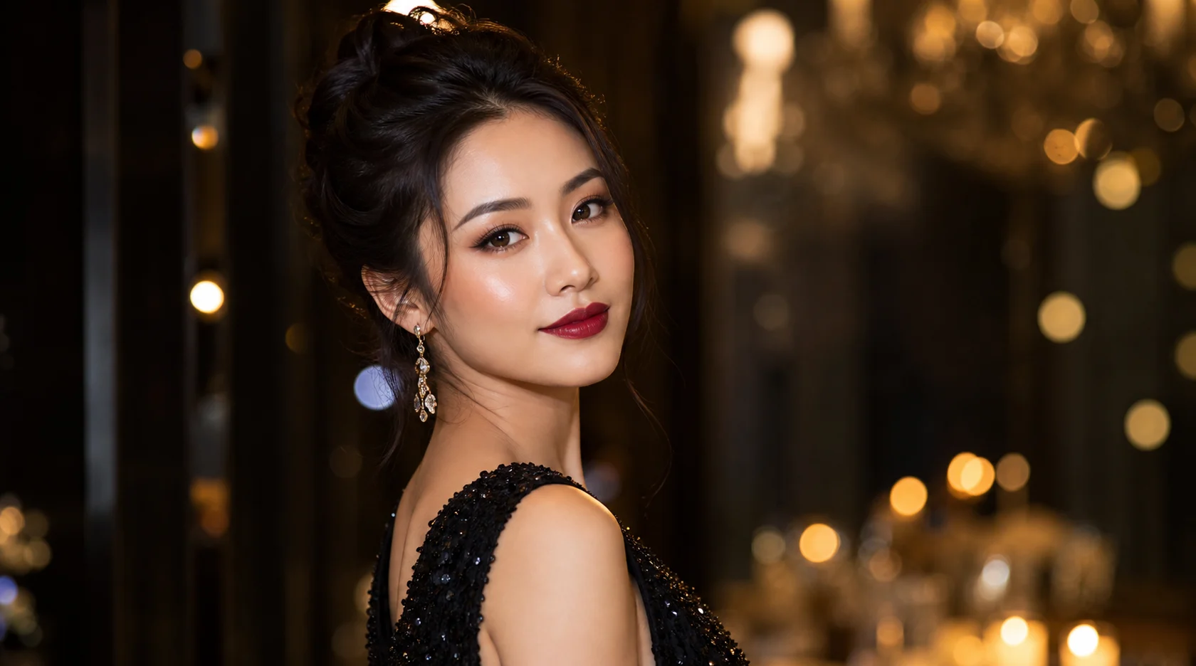 Makeup dạ hội tiệc tối với mắt khói nhẹ và môi đỏ berry