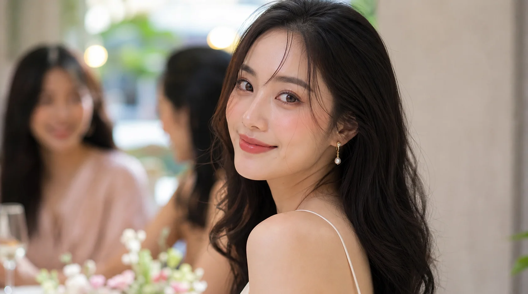 Trang điểm nhẹ nhàng đi tiệc với nền mỏng, má đào và son tươi